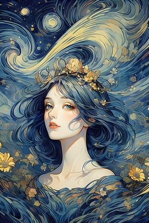 The dreamy portrait of a beautiful girl, centered, perfectly composed, blends Van Gogh's blue "Starry Night" colors, Dali's surrealism, and Mucha's Art Nouveau style to present a harmonious dream where reality and fantasy are blurred.,Flower s wedding, Full Fantasy Flower,fangao