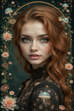 masterpiece, 8k, HDR, best quality, photography, analog style, real life, extremely beautiful, (highly detailed, intricately detailed), (highly detailed skin), (alluring eyes), (1girl), long curly blonde hair, blue eyes, little smile, a beautiful wiccan_witch mermaid with whimsical elements, amazing appearance, magical fairytale scenery, crafted art in fantasy style, black and gold theme, intricate details, exquisite detail, ultra-sharp and flawless composition, vivid colors, exciting background with bright flowers and a crescent moon, opalescence, fantastic crystal, sparkling, water drop, jellyfish, framed by plants, in the style of art nouveau