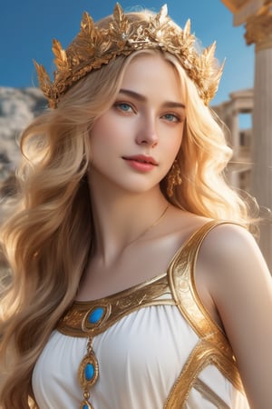 (((hyper realistic face))) (((extreme realistic skin detail))) The Goddess Venus, a beautiful woman with golden-blond hair, (((Wavy hair abounds))), with a diadem of gold laurels, abundant wavy locks, vivid blue eyes, a rosy complexion, and a jovial and sensual expression, (((smiling))). Her face should radiate beauty and sensuality, with a gentle smile. (((The portrait will be full-body))), featuring her in an ancient Greek-style white dress adorned with golden jewelry inspired by ancient Greece, and a characteristic golden belt befitting the Goddess Venus. The background depicts a (((coast of ancient Greece))), showing the sea and part of (((the islands))), with intricate details that evoke the feeling of ancient Greece, illuminated by soft natural sunlight. sharp focus, 8k, UHD, high quality, frowning, intricate detailed, highly detailed, hyper-realistic,Leonardo Style