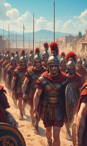  Score_8_Up,Majestic scene of a Greek phalanx on the march, traversing a sun-baked Mediterranean landscape. Clear blue sky overhead, distant mountains framing the horizon. The orderly columns of hoplites stretch into the distance, creating a sea of bronze and crimson.
Foreground focuses on the front ranks of the phalanx. Hoplites march in perfect unison, their rhythmic steps kicking up small clouds of dust. Each soldier wears a gleaming bronze Corinthian helmet, the red horsehair crest adding height and menace to their silhouette. Muscular arms and legs are visible beneath short chitons