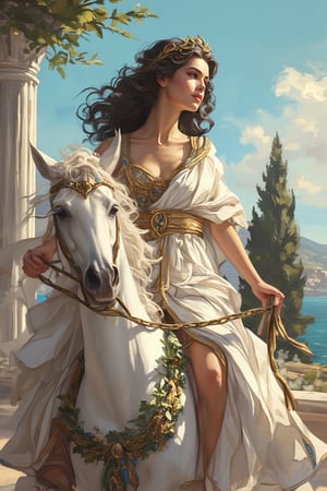 AniReal, illustration of an animated Greek maiden riding horseback through ancient Hellas. She is dressed in a flowing white chiton with gold trim along the edges, the fabric elegantly draped and secured with ornate bronze fibulae at her shoulders, paired with leather sandals that lace up her calves. The rider sits gracefully sidesaddle on a white horse adorned with olive leaf garlands, her right hand holding loose reins decorated with Mediterranean blue beads, while her left hand rests gently on the horse's mane. Her dark curled hair is partially gathered with a golden laurel wreath, with loose curls dancing in the Aegean breeze. Her expression is serene yet dignified, embodying classical Greek beauty. The background features ancient marble columns, cypress trees, and the azure Mediterranean Sea in the distance.
