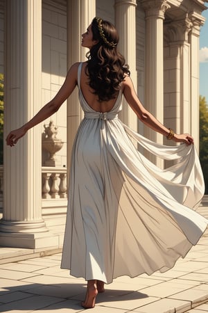 Full body shot of a Greek woman dancing, Gracefully twirling, arms outstretched, chiton dress flaring out in a perfect circle, one foot pointed, head tilted back, white chiton dress flaring out in a perfect circle, one foot pointed, head tilted back, olive skin, long dark curly hair with gold ribbons, laurel wreath crown, ancient Greek temple background, marble columns, soft golden hour lighting, photorealistic, high detail, 8k resolution