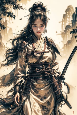 1girl, Sweet, full body, large breasts, The background is rainy day, bright autumn, battlefield fires and buning embers rizeing, most beautiful korean girl, looking at viewer, 18yo, over sized eyes, big eyes, ((Cowboy Shot: 1.5)), Female Samurai, Holding a Japanese Sword, shining bracelet, beautiful hanfu(white, transparent), cape, solo, {beautiful and detailed eyes}, calm expression, natural and soft light, delicate facial features,very small earrings, ((model pose)), Glamor body type, (neon hair:1.2), long ponytail, very_long_hair, hair past hip, curly hair, flim grain, realhands, masterpiece, Best Quality, photorealistic, ultra-detailed, finely detailed, high resolution, perfect dynamic composition, beautiful detailed eyes, eye smile, ((nervous and embarrassed)), sharp-focus, full_body, sexy pose, Samurai girl, glowing forehead, lighting, Japanese Samurai Sword (Katana),best quality,chinkstyle