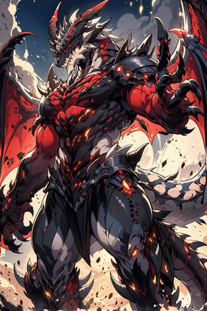 solo, red eyes, standing, tail, cowboy shot, wings, horns, teeth, armor, no humans, glowing, sharp teeth, glowing eyes, claws, monster,dragonknight