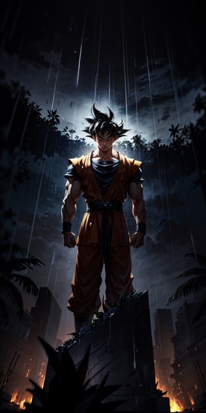 masterpiece, high quality, detailed lighting, son goku, (solo), 1boy, holding a bunch of flower in front of a grave, (best quality), dark background, rain, raining, (good hands), (masterpiece), anatomy, eyes closed, son goku, son goku, Dragon Ball