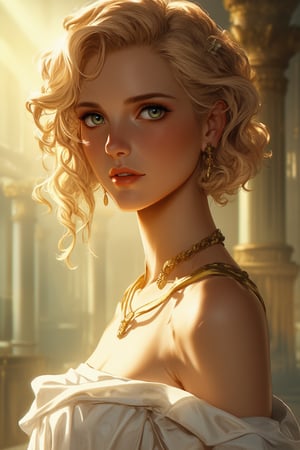 (Portrait of a beautiful woman wearing white ancient greek dress), (short blonde curly-hair:1.2), green eyes, perfect anatomy, perfect face, looks at the camera, golden earings, golden necklace, hyper-detailed, intricately detailed, ancient greece theme, volumetric, vibrant, sunlight, sexy pose, full body