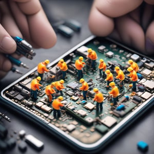 Create an detail image in which there is a group of miniature people are repairing a smartphone's internals,  with a tilt-shift effect to enhance realism, Miniature world, full detail.