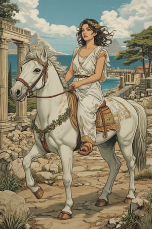 A whimsical scene in Yuko Shimizu's art style, AniReal, illustration of an animated Greek maiden riding horseback through ancient Hellas. She is dressed in a flowing white chiton with gold trim along the edges, the fabric elegantly draped and secured with ornate bronze fibulae at her shoulders, paired with leather sandals that lace up her calves. The rider sits gracefully sidesaddle on a white horse adorned with olive leaf garlands, her right hand holding loose reins decorated with Mediterranean blue beads, while her left hand rests gently on the horse's mane. Her dark curled hair is partially gathered with a golden laurel wreath, with loose curls dancing in the Aegean breeze. Her expression is serene yet dignified, embodying classical Greek beauty. The background features ancient marble columns, cypress trees, and the azure Mediterranean Sea in the distance.