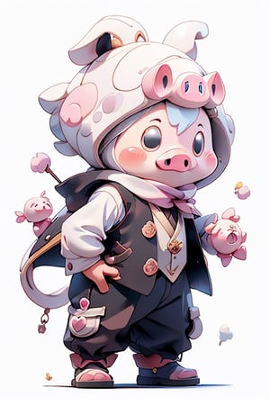 cartoon pig wear black waistcoat, centered, full body, no_humans, Depth of field, ((white-background, empty background)), (kawaii:1.3), (anime:1.4), cute, round eyes, (Best quality, masterpiece:1.2), design, mascot concept, inspiration, straight line, perfect hands, 2D