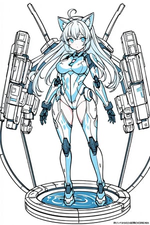 Beautiful girl with cat like ears wearing a suit (bodysuit) that is a tight fit. medium breasts, slime thicc,, 1 girl,mecha,line anime,fujimotostyle,LINEART,
masterpiece, best quality, aesthetic,line art,monochome,mecha,robot,masterpiece,1 girl,Mecha Anime Figurine