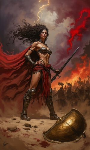 Oil painting in the dramatic style of Frank Frazetta. A super sexy warrior queen, reminiscent of a female Leonidas at Thermopylae, dominates the foreground. Her athletic figure is accentuated by minimalistic, battle-worn armor that reveals her toned physique.
The queen stands in a dynamic battle stance, muscles tensed, wielding a bloodied sword in one hand. Her long, wild hair whips in the wind, framing a face that combines fierce determination with alluring beauty. A broken spear lies at her feet, testament to the ferocity of the battle.
Behind her, a Greek phalanx pushes forward against an unseen enemy, their bronze shields and spears creating a sea of metal. The queen stands slightly apart, clearly the leader and focal point of the composition.
The sky is a tempest of angry reds and deep purples, with flashes of lightning illuminating the roiling clouds. In the distance, fires rage, sending plumes of smoke into the turbulent sky and casting an otherworldly glow across the battlefield.
A discarded shield lies in the foreground, its polished surface reflecting the chaotic sky and adding depth to the scene. The ground is littered with the detritus of battle: broken weapons, fallen helmets, and the occasional fallen warrior.
The overall palette is rich with warm tones - deep reds, burnished golds, and earthy browns - contrasting sharply with the cool blues and greys of steel and storm. The brushwork is bold and expressive, with particular attention paid to the play of light on skin and metal.
This painting captures a moment of high drama, blending historical epic with fantasy elements in true Frazetta style. The composition draws the eye to the warrior queen, making her the undeniable hero of this savage and sensual battle scene.