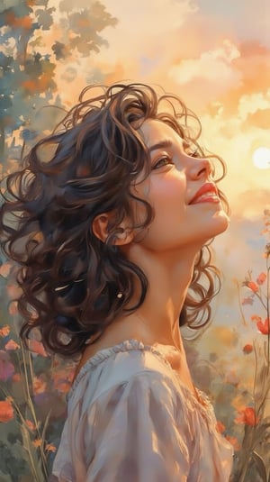 Delicate watercolor hues capture the serene beauty of an 18-year-old girl, her raven curls softly bouncing with each subtle movement as she gazes up at a stunning natural backdrop. Her face radiates warmth, illuminated by gentle morning light that accentuates the contours of her features. The softness of her smile rivals the brightness of the sun, as if infused with the joy and innocence of youth.