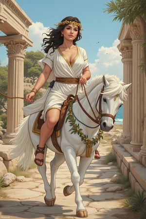 AniReal, illustration of an animated Greek maiden riding horseback through ancient Hellas. She is dressed in a flowing white chiton  with gold trim along the edges, the fabric elegantly draped and secured with ornate bronze fibulae at her shoulders, paired with leather sandals that lace up her calves. The rider sits gracefully sidesaddle on a white horse adorned with olive leaf garlands, her right hand holding loose reins decorated with Mediterranean blue beads, while her left hand rests gently on the horse's mane. Her dark curled hair is partially gathered with a golden laurel wreath, with loose curls dancing in the Aegean breeze. Her expression is serene yet dignified, embodying classical Greek beauty. The background features ancient marble columns, cypress trees, and the azure Mediterranean Sea in the distance.