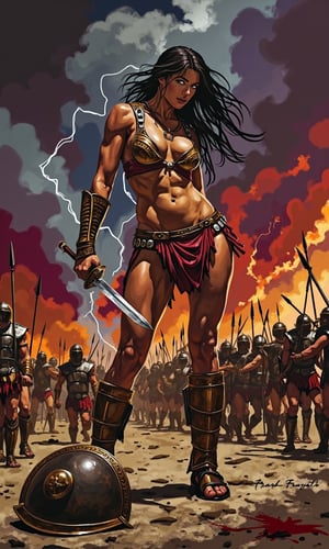 Oil painting in the dramatic style of Frank Frazetta. A super sexy warrior queen, reminiscent of a female Leonidas at Thermopylae, dominates the foreground. Her athletic figure is accentuated by minimalistic, battle-worn armor that reveals her toned physique.
The queen stands in a dynamic battle stance, muscles tensed, wielding a bloodied sword in one hand. Her long, wild hair whips in the wind, framing a face that combines fierce determination with alluring beauty. A broken spear lies at her feet, testament to the ferocity of the battle.
Behind her, a Greek phalanx pushes forward against an unseen enemy, their bronze shields and spears creating a sea of metal. The queen stands slightly apart, clearly the leader and focal point of the composition.
The sky is a tempest of angry reds and deep purples, with flashes of lightning illuminating the roiling clouds. In the distance, fires rage, sending plumes of smoke into the turbulent sky and casting an otherworldly glow across the battlefield.
A discarded shield lies in the foreground, its polished surface reflecting the chaotic sky and adding depth to the scene. The ground is littered with the detritus of battle: broken weapons, fallen helmets, and the occasional fallen warrior.
The overall palette is rich with warm tones - deep reds, burnished golds, and earthy browns - contrasting sharply with the cool blues and greys of steel and storm. The brushwork is bold and expressive, with particular attention paid to the play of light on skin and metal.
This painting captures a moment of high drama, blending historical epic with fantasy elements in true Frazetta style. The composition draws the eye to the warrior queen, making her the undeniable hero of this savage and sensual battle scene.