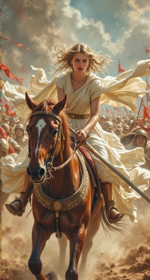 A dynamic action shot of a young girl in flowing Greek chiton dress galloping on horseback, detailed greek art, cinematic lighting, motion blur, dust clouds, armored horse, flowing cape, determined expression, gleaming sword, greek battlefield background, epic scene, high detail, dramatic pose. Renaissance art.emphasizing the manga aesthetic while maintaining the greek elements. Include subtle shading and textures to enhance the depth and detail of the image