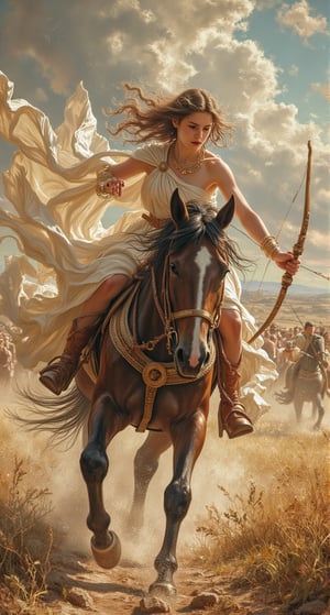 A dynamic action shot of a young girl in flowing Greek chiton dress galloping on horseback, detailed greek art, cinematic lighting, motion blur, dust clouds, armored horse, flowing cape, determined expression, gleaming bow, greek battlefield background, epic scene, high detail, dramatic pose. Renaissance art.emphasizing the manga aesthetic while maintaining the greek elements. Include subtle shading and textures to enhance the depth and detail of the image