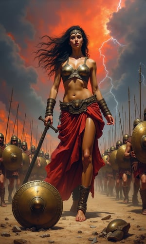 Oil painting in the dramatic style of Frank Frazetta. A super sexy warrior queen, reminiscent of a female Leonidas at Thermopylae, dominates the foreground. Her athletic figure is accentuated by minimalistic, battle-worn armor that reveals her toned physique.
The queen stands in a dynamic battle stance, muscles tensed, wielding a bloodied sword in one hand. Her long, wild hair whips in the wind, framing a face that combines fierce determination with alluring beauty. A broken spear lies at her feet, testament to the ferocity of the battle.
Behind her, a Greek phalanx pushes forward against an unseen enemy, their bronze shields and spears creating a sea of metal. The queen stands slightly apart, clearly the leader and focal point of the composition.
The sky is a tempest of angry reds and deep purples, with flashes of lightning illuminating the roiling clouds. In the distance, fires rage, sending plumes of smoke into the turbulent sky and casting an otherworldly glow across the battlefield.
A discarded shield lies in the foreground, its polished surface reflecting the chaotic sky and adding depth to the scene. The ground is littered with the detritus of battle: broken weapons, fallen helmets, and the occasional fallen warrior.
The overall palette is rich with warm tones - deep reds, burnished golds, and earthy browns - contrasting sharply with the cool blues and greys of steel and storm. The brushwork is bold and expressive, with particular attention paid to the play of light on skin and metal.
This painting captures a moment of high drama, blending historical epic with fantasy elements in true Frazetta style. The composition draws the eye to the warrior queen, making her the undeniable hero of this savage and sensual battle scene.