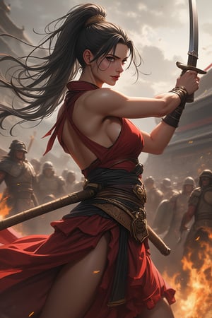 A super sexy warrior queen, reminiscent of a female Leonidas at Thermopylae, dominates the foreground, full body shot, dynamic pose, two-handed sword grip, ready to attack, katana raised above head, determined gaze, traditional samurai attire, battle scene, high-detail rendering, action movie style