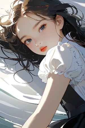 A dark, gritty, realistic sketch of a goth girl, reminiscent of Studio Ghibli's whimsical style. On watercolor paper, bold lines and loose strokes mingle to create a sense of dynamic movement. Natural light casts an ethereal glow on the subject's porcelain skin, inviting touch.

The young, beautiful girl stands with her shoulders slumped, wearing a plain white shirt with a high collar and a black pleated skirt. Her ginger hair falls in soft waves down her back, framing her angelic face. Her blush-stained cheeks betray embarrassment, exhaustion, or perhaps both.

Sharp focus captures the intricate details of her delicate features: plump lips, defined brows, and large, shining eyes that seem to hold a deep kindness. The overall effect is one of tender innocence, making it impossible not to be captivated by this lovely, pure, and adorable young woman.