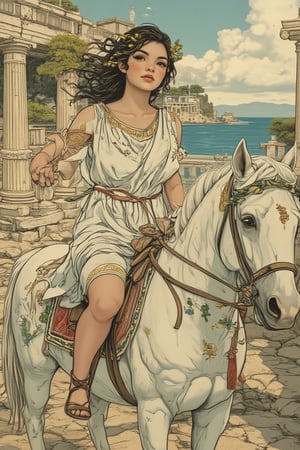 A whimsical scene in Yuko Shimizu's art style, AniReal, illustration of an animated Greek maiden riding horseback through ancient Hellas. She is dressed in a flowing white chiton with gold trim along the edges, the fabric elegantly draped and secured with ornate bronze fibulae at her shoulders, paired with leather sandals that lace up her calves. The rider sits gracefully sidesaddle on a white horse adorned with olive leaf garlands, her right hand holding loose reins decorated with Mediterranean blue beads, while her left hand rests gently on the horse's mane. Her dark curled hair is partially gathered with a golden laurel wreath, with loose curls dancing in the Aegean breeze. Her expression is serene yet dignified, embodying classical Greek beauty. The background features ancient marble columns, cypress trees, and the azure Mediterranean Sea in the distance.