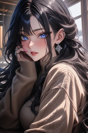 masterpiece, best quality, absurdres, very aesthetic, newest, 8k UHD, mature, close-up, 1girl, solo, perfect face, long hair, looking at viewer, blue eyes, black hair, long sleeves, jewelry, earrings, parted lips, nail polish, sweater, fingernails, sleeves past wrists, eyelashes, ring, pink nails, hand on own face, freckles, niji6