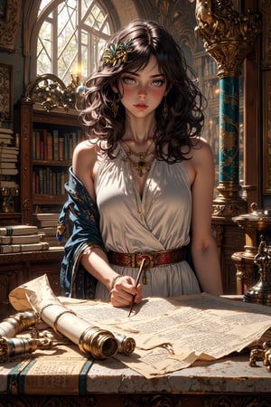 (best quality),(masterpiece),(ultra detailed),(highres), (Dynamic angle: 0.8), A digital illustration of a young woman in classical Greek attire studying ancient scrolls, with warm afternoon light filtering through tall arched windows. She has flowing dark hair adorned with a delicate gold olive leaf circlet, Mediterranean olive complexion, and thoughtful brown eyes focused on the unfurled scrolls before her.
Character details (Greek style):
flowing white chiton with elegant draping
delicate gold fibulae at shoulders
soft blue himation draped across one shoulder
bronze stylus held gracefully in her hand
fingers carefully unfurling a weathered scroll
Scroll study setting:
multiple papyrus scrolls carefully spread across marble table
cylindrical scroll cases (kapsa) stacked nearby
open scrolls held down with bronze weights
wooden scroll holders (umbilici) lined with ivory
wax tablet for note-taking beside her
unfurled scrolls showing faded ink text and illustrations
rolled scrolls tied with colored silk ribbons
Library atmosphere with scroll focus:
floor-to-ceiling wooden shelves filled with scroll cases
labeled scroll compartments (scrinia) along walls
bronze and cedar scroll storage boxes
clay tablets on display in glass cases
scroll sorting table with categorization tags
bronze oil lamp casting warm light on texts
cedar wood incense burning to protect scrolls
Storage details:
pigeonhole shelving for scroll organization
scroll cases in various sizes
parchment repair tools on side table
color-coded scroll identification tags
protective cloth covers for precious scrolls
scroll seals and markers
Lighting and atmosphere:
golden light illuminating unrolled parchments
shadows playing across scroll textures
dust motes in sunbeams
gentle shadows between scroll cases
warm lamplight on reading surface