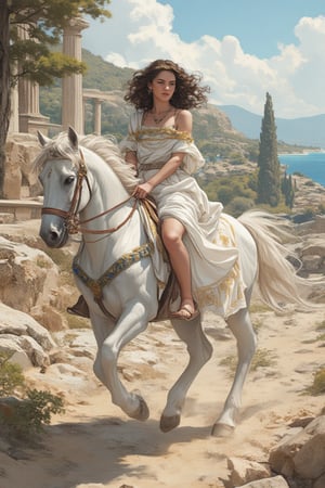 High quality, illustrations,watercolor:0.5,AniReal, illustration of an animated Greek maiden riding horseback through ancient Hellas. She is dressed in a flowing white chiton with gold trim along the edges, the fabric elegantly draped and secured with ornate bronze fibulae at her shoulders, paired with leather sandals that lace up her calves. The rider sits gracefully sidesaddle on a white horse adorned with olive leaf garlands, her right hand holding loose reins decorated with Mediterranean blue beads, while her left hand rests gently on the horse's mane. Her dark curled hair is partially gathered with a golden laurel wreath, with loose curls dancing in the Aegean breeze. Her expression is serene yet dignified, embodying classical Greek beauty. The background features ancient marble columns, cypress trees, and the azure Mediterranean Sea in the distance.