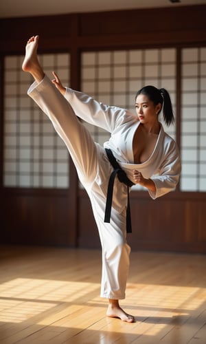 Karate practitioner executing a high kick in a traditional dojo. Wooden floor, paper sliding doors in background. Gi uniform crisp and white, black belt tied tightly. Muscular build, determined expression. High-contrast lighting emphasizing the dynamic motion. Photorealistic style, action frozen in mid-kick.