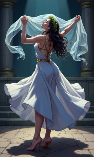 anime style, night light, buterfly glowing,Full body shot of a Greek woman dancing, Holding a sheer veil, arms creating a crescent shape above head, body curved to one side, veil floating on the breeze, dress pooled around legs, white chiton dress flaring out in a perfect circle, one foot pointed, head tilted back, olive skin, long dark curly hair with gold ribbons, laurel wreath crown