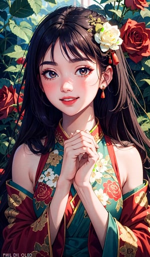 Masterpiece in UHD, with sharp details. Style inspired by traditional Chinese painting, in an artistic fusion of portrait and nature. | A beautiful Chinese woman is elegantly dressed in a traditional red Chinese garment, standing out amidst a lush background filled with red roses. Her dark hair is delicately combed and adorned with golden accessories, while her face reflects serenity and gracefulness. She is in an elegant pose, with her hands lightly raised in a delicate gesture, as if she were appreciating the beauty of the flowers around her. | The composition of the scene enhances the beauty of the woman and the lushness of the roses, with a viewpoint that highlights her figure centralized amidst the sea of flowers. The soft lighting enhances the details of the garment and the woman's face, creating an atmosphere of serenity and elegance. | The light filtered through the rose petals creates an ethereal effect, adding a touch of magic to the scene. The gentle movement of the petals in the wind adds dynamism to the composition, while the intense red tones provide a sense of warmth and passion. | Portrait of a beautiful Chinese woman in a traditional red garment, amidst a stunning backdrop of red roses. | ((smile)), ((perfect_fingers, perfect_hands, better_hands)), ((More Detail)),