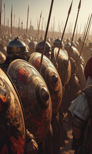 Large circular aspis shields, painted with various city-state emblems, are held at the ready, creating a moving wall of polished bronze. Long dory spears rest on right shoulders, points glinting in the sunlight. The simultaneous movement of thousands of spears creates a hypnotic, wave-like effect