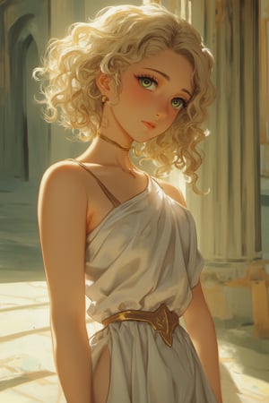 (Portrait of a beautiful woman wearing white ancient greek dress), (short blonde curly-hair:1.2), green eyes, perfect anatomy, perfect face, looks at the camera, golden earings, golden necklace, hyper-detailed, intricately detailed, perfect lighting, (complex-background, greek mythology), ancient greece theme, volumetric, vibrant, sunlight, sexy pose, full body