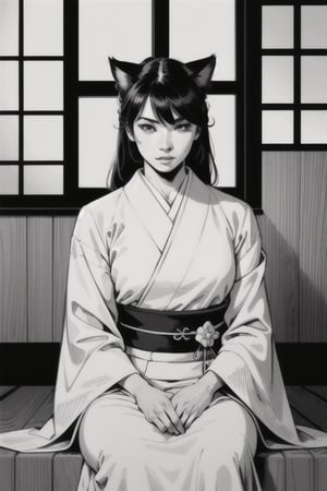 (comic style), (line art:1.5), (a cat sits in front of window), ((black and white)), hanfu, geisha, ((zen)), (masterpiece, top quality, best quality), extreme detailed background, good composition, good anatomy, perfect lighting, good shading, zen calligraphy, (realistic:1.3),