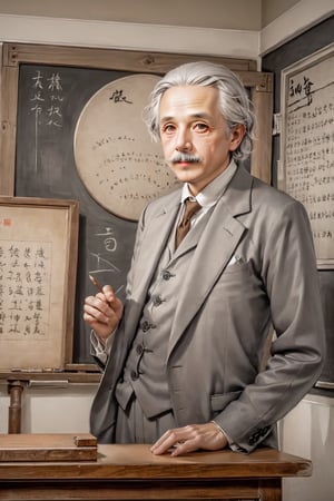 a man that is standing in front of a blackboard, by Konrad Witz, pexels, precisionism, portrait of einstein, wax figure, a silver haired mad, ,Extremely Realistic, Best quality, master piece, high resolution, high quality, high detail, perfect human anatomy, realistic , cute and small face and eyes and body and fingers and skin, perfect  face and eyes and body and fingers and skin, detailed face and eyes and body and fingers and skin, 16K,
cute face, detailed ,realistic picture, ((full bang)), 2023's, ,Realism,sketch art, traditional chinese ink painting