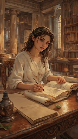 score_9, score_8_up, score_7_up, masterpiece, best quality, absurdres, very aesthetic, detailed illustration, 8k UHD, (detailed background:1.1),
young Greek girl studying in ancient library,
simple white chiton with modest bronze clasp
curled dark hair tied with olive green ribbon
leather sandals with simple straps
curious and focused expression
seated at carved wooden table
multiple scrolls of yellowed parchment spread out
bronze oil lamp casting warm light
ink pot and quill nearby
wax tablet for notes
scattered olive leaves used as bookmarks
shelves of scroll cases in background
filtered sunlight through high windows
dust motes dancing in light beams
marble columns with subtle shadows
mosaic floor patterns visible
gentle lean over scrolls
one hand tracing text lines
other hand holding scroll edges
concentrated expression
soft smile of discovery
loose curls falling forward