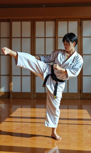 Karate practitioner executing a high kick in a traditional dojo. Wooden floor, paper sliding doors in background. Gi uniform crisp and white, black belt tied tightly. Muscular build, determined expression. High-contrast lighting emphasizing the dynamic motion. Photorealistic style, action frozen in mid-kick.