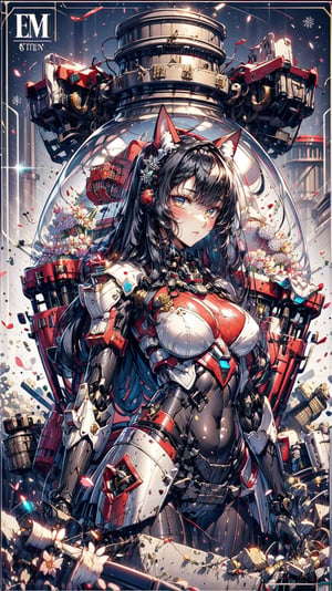 (Masterpiece, Superior） 
(Masterpiece, Superior, Superb, Official Art, Beautiful :1.2), A young girl, long black hair , eautiful women with cat like ears wearing a suit (bodysuit) that is a tight fit. medium breasts, slime thicc, em (typography),
(container, bottle), snowflake background ,
,SGBB
<em><u>phgls, in container,bottle,3dcharacter,Mecha,mecha