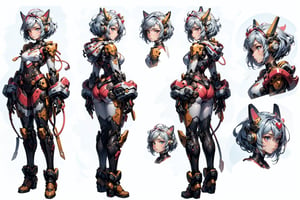 (simple white background), (a girl from Standing Pose), (Full body shots : (front:1.0) (Profile:1.0) (Rear:1.0)),simple backgound character sheet, model sheet, turnaround, multiple views of the same character,Beautiful women with cat like ears wearing a suit (bodysuit) that is a tight fit. medium breasts, slime thicc, multicolor eyes, multicolor hair,  perfect image unfolds with 8k resolution,mecha,