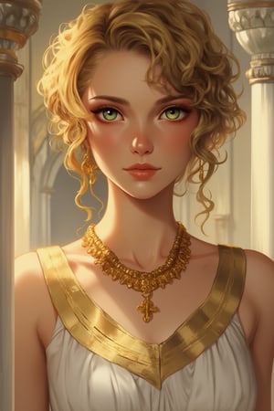 (Portrait of a beautiful woman wearing white ancient greek dress), (short blonde curly-hair:1.2), green eyes, perfect anatomy, perfect face, looks at the camera, golden earings, golden necklace, hyper-detailed, intricately detailed, ancient greece theme, volumetric, vibrant, sunlight, sexy pose, full body