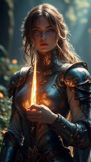 (best quality), (realistic, photo-realistic:1.3), (masterpiece:1.3), CG, unity, 8k, amazing, finely detail, ultra-detailed, highres, absurdres, ((ultra-detailed)), ((highly detailed CG illustration)), ((an extremely delicate and beautiful)), (cute delicate face), cinematic light, cinematic compotision, best shadow, extremely detailed eyes and face, beautiful detailed nose, beautiful detailed hand, beautiful detailed eyes. Cinematic portrait of a fearless medieval warrior woman, her determined gaze illuminating the foreboding darkness as she strides across the desolate landscape, fire torch ablaze in her steady hand. Intricate armor patterns gleam amidst misty veil, while hints of malevolent demons lurk in shadows, their dark silhouettes contrasting with warm golden light. Soft idyllic background whispers ancient mysticism, as warrior's resolute stride cuts through the eerie atmosphere. More detailing.