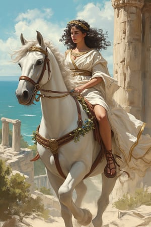 AniReal, illustration of an animated Greek maiden riding horseback through ancient Hellas. She is dressed in a flowing white chiton with gold trim along the edges, the fabric elegantly draped and secured with ornate bronze fibulae at her shoulders, paired with leather sandals that lace up her calves. The rider sits gracefully sidesaddle on a white horse adorned with olive leaf garlands, her right hand holding loose reins decorated with Mediterranean blue beads, while her left hand rests gently on the horse's mane. Her dark curled hair is partially gathered with a golden laurel wreath, with loose curls dancing in the Aegean breeze. Her expression is serene yet dignified, embodying classical Greek beauty. The background features ancient marble columns, cypress trees, and the azure Mediterranean Sea in the distance.
