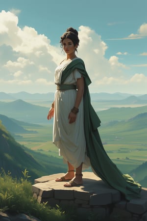 Create a high-quality image, extreme detail, intricate detail, depth of field, ultra definition, extreme realism, real life, realistic image, high-quality lighting, 16k UHD, Athena, the goddess of wisdom, in ancient greek dress,  standing on a hilltop.