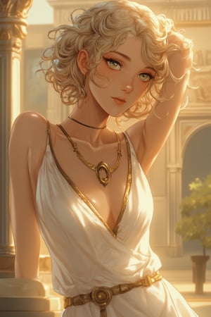 (a beautiful woman wearing white ancient greek dress), (short blonde curly-hair:1.2), green eyes, perfect anatomy, perfect face, looks at the camera, golden earings, golden necklace, hyper-detailed, intricately detailed, ancient greece theme, volumetric, vibrant, sunlight, sexy pose, full body