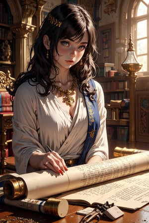 (best quality),(masterpiece),(ultra detailed),(highres), (Dynamic angle: 0.8), A digital illustration of a young woman in classical Greek attire studying ancient scrolls, with warm afternoon light filtering through tall arched windows. She has flowing dark hair adorned with a delicate gold olive leaf circlet, Mediterranean olive complexion, and thoughtful brown eyes focused on the unfurled scrolls before her.
Character details (Greek style):
flowing white chiton with elegant draping
delicate gold fibulae at shoulders
soft blue himation draped across one shoulder
bronze stylus held gracefully in her hand
fingers carefully unfurling a weathered scroll
Scroll study setting:
multiple papyrus scrolls carefully spread across marble table
cylindrical scroll cases (kapsa) stacked nearby
open scrolls held down with bronze weights
wooden scroll holders (umbilici) lined with ivory
wax tablet for note-taking beside her
unfurled scrolls showing faded ink text and illustrations
rolled scrolls tied with colored silk ribbons
Library atmosphere with scroll focus:
floor-to-ceiling wooden shelves filled with scroll cases
labeled scroll compartments (scrinia) along walls
bronze and cedar scroll storage boxes
clay tablets on display in glass cases
scroll sorting table with categorization tags
bronze oil lamp casting warm light on texts
cedar wood incense burning to protect scrolls
Storage details:
pigeonhole shelving for scroll organization
scroll cases in various sizes
parchment repair tools on side table
color-coded scroll identification tags
protective cloth covers for precious scrolls
scroll seals and markers
Lighting and atmosphere:
golden light illuminating unrolled parchments
shadows playing across scroll textures
dust motes in sunbeams
gentle shadows between scroll cases
warm lamplight on reading surface