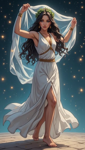 anime style, night light, buterfly glowing,Full body shot of a Greek woman dancing, Holding a sheer veil, arms creating a crescent shape above head, body curved to one side, veil floating on the breeze, dress pooled around legs, white chiton dress flaring out in a perfect circle, one foot pointed, head tilted back, olive skin, long dark curly hair with gold ribbons, laurel wreath crown