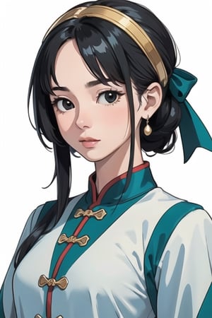 (Masterpiece), (Highest Quality), High Resolution, (Incredibly Beautiful), (Extremely Detailed), Stunning, Beautifully Detailed, Mature Woman. front. The woman has black hair and black eyes. Her hair is tied up. She is wearing traditional Chinese red clothes, a collared top with golden onion trim, and aqua blue marine accessories on her head. All white background.