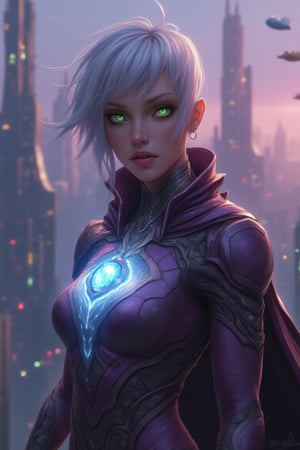 Chiseled woman with close-cropped, silver hair, and piercing emerald eyes that radiate intensity. She's in a form-fitting, metallic catsuit with a glowing, geometric design, and a detached, energy-infused cloak that flickers with a mystical aura. A large, amethyst gem is embedded in her chestpiece, glowing with a powerful, otherworldly light. The backdrop is a futuristic city in twilight, with soaring architectural marvels, hovering transport systems, and a lilac-hued sky filled with flying vehicles.