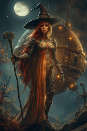 Split portrait combining with two distinct halves, each depicting a unique scene that blends science fiction and fantasy elements. Left Side: - A majestic witch stands tall amidst an enchanting autumnal landscape, illuminated by a soft moonlit glow. - Her fiery red hair cascades down her back like a river of flames, contrasting with her flowing robes that billow behind her, disappearing into the shadows. - She holds a staff adorned with intricate details, and a pointed hat sits atop her head, framed by the studio's sharp focus. - Her face is a masterpiece of perfect features, bathed in a warm, mystical light. - The background is filled with golden light and crimson leaves, creating a magical atmosphere. Right Side: - Muscular cyborg women she has six pack abs and bulging biceps and she is strong,grungy, industrial scene set on a dark night, with a robotic female humanoid standing prominently in the foreground. The humanoid has blonde hair and wears a mecha suit, complete with mechanical armor and robotic legs. Her chest is protected by a chest plate armor, and she sports mecha goggles ,J Horror Anime,A colossal spherical space station drifts through the depths of space, its metallic surface illuminated by the distant stars. Tiny orange lights flicker sporadically across its surface, hinting at the bustling activity within. Massive antennas and towering structures jut out from its poles, communicating with the galaxy beyond. This orbital megastructure, with layers of armor and hidden chambers, serves as a hub of advanced technology and civilization, a beacon of human ingenuity in the vast cosmic expanse.