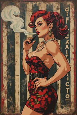 vintage-inspired mural features a rockabilly woman with muscular biceps and six pack abs standing confidently in the foreground smoking a pipe and exhaling into the text "diffraction grating",She is dressed in a fitted, retro-style dress that accentuates her muscular build, complete with a bold cherry print. Her hair is styled in a voluminous, pin-up victory roll,1960s horror movie poster 