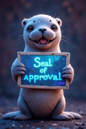 Cartoon seal holding up a holographic sign that says "Seal of approval",REALNIME